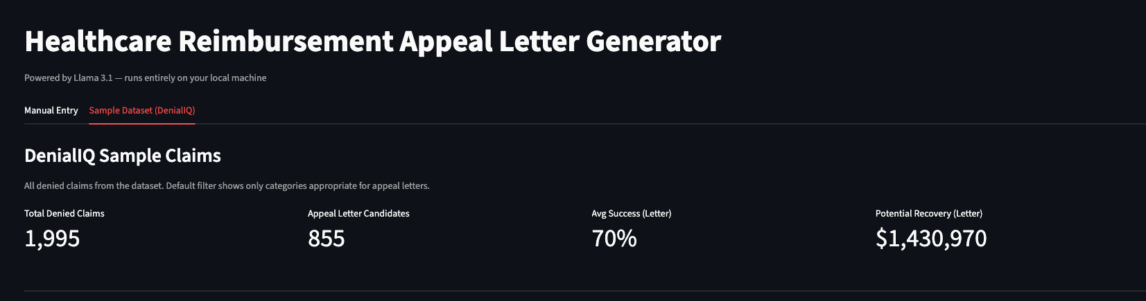 Healthcare Reimbursement Appeal Letter Generator dashboard