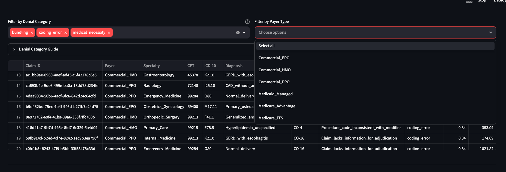 Claims table with denial category filters (bundling, coding_error, medical_necessity) and payer type filter open