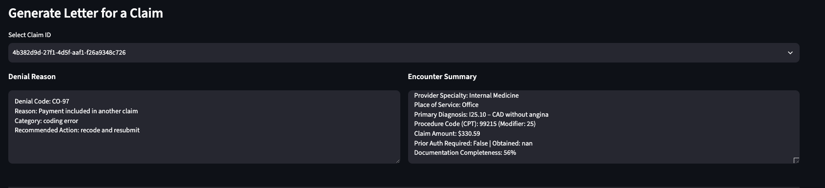 Generate Letter panel showing denial reason CO-97 and encounter summary for an Internal Medicine visit