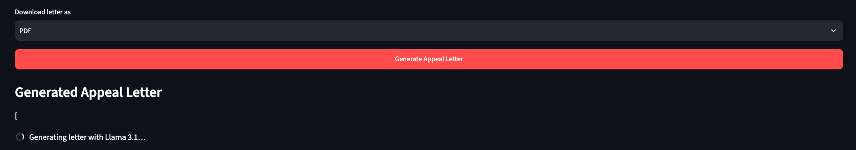 Generate Appeal Letter button with Llama 3.1 generating the letter in real time