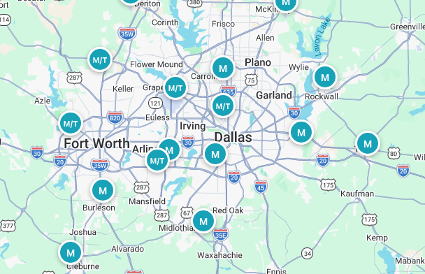 Weather stations across the DFW metroplex showing METAR and METAR+TAF coverage