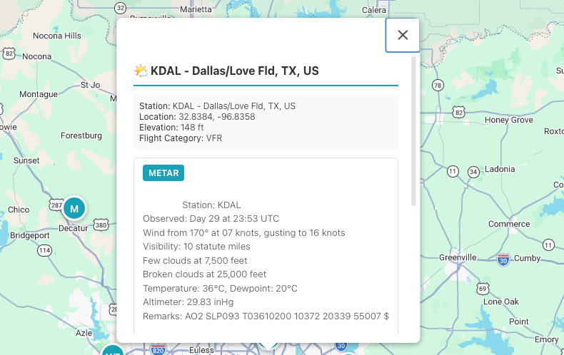 METAR detail popup for KDAL showing wind, visibility, clouds, temperature and altimeter