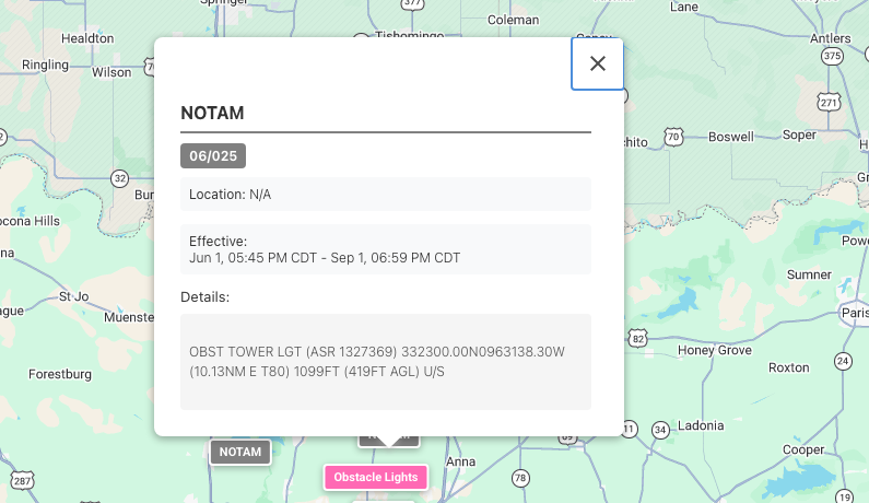 NOTAM detail showing an obstacle tower light notice effective June through September